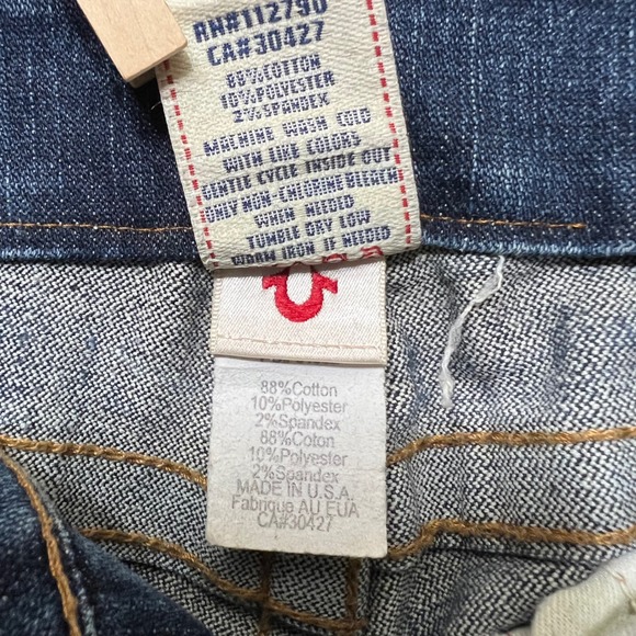 True Religion Bootcut Jeans Dark Wash Distressed Denim USA Made Size 29 Altered - Picture 9 of 13